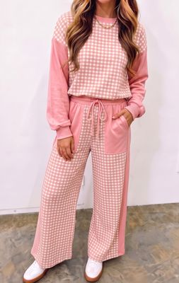 Block Plaid Patchwork Long Sleeve Pullover Set