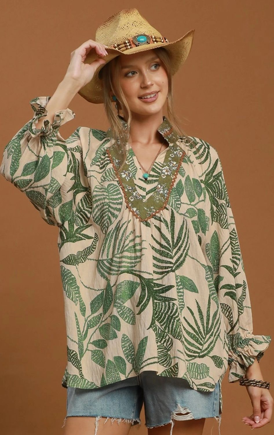 Umgee Botanical Print contrast Neck Blouse