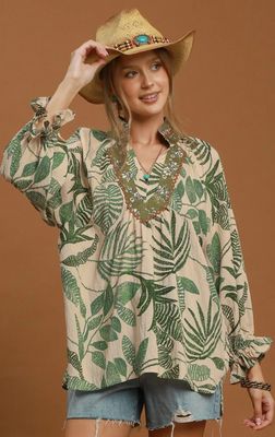 Umgee Botanical Print contrast Neck Blouse