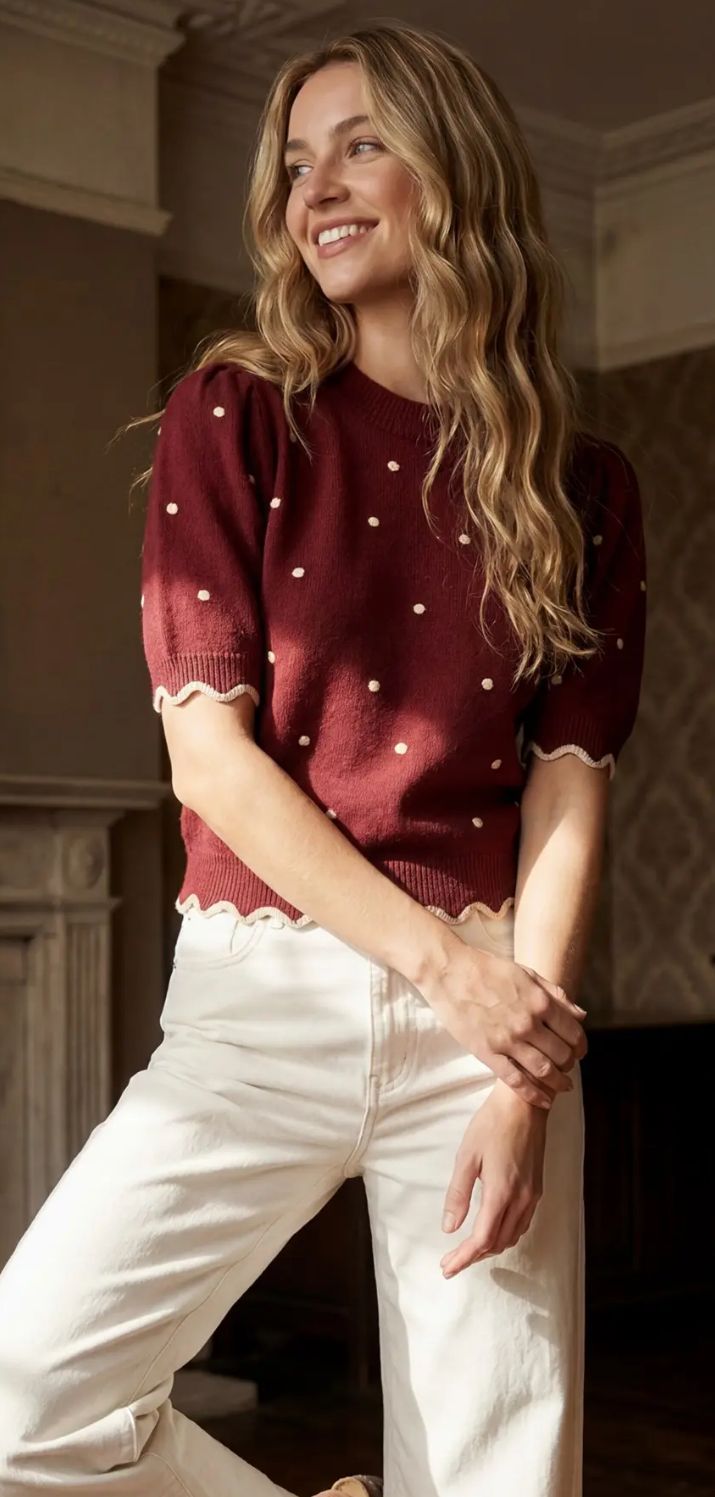 Puff sleeve scallop bank polkadot sweater top