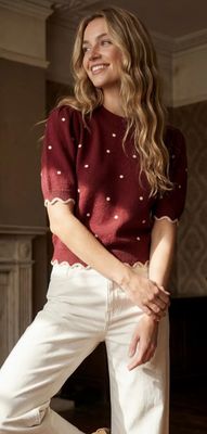 Puff sleeve scallop bank polkadot sweater top