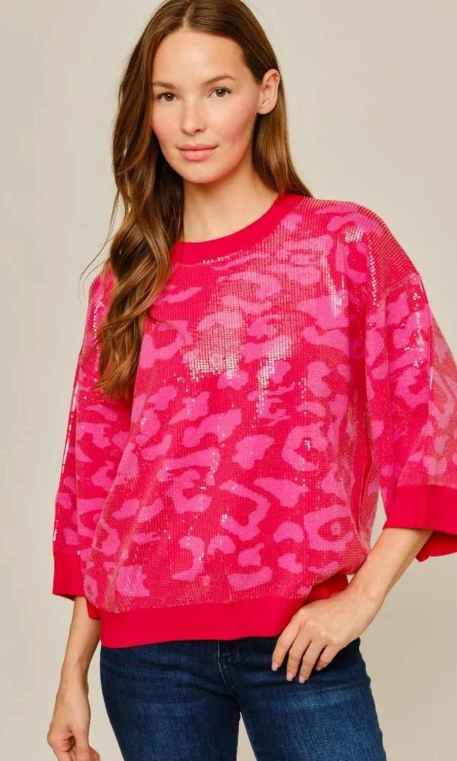Leopard Sweater w/3/4 sleeves sequins