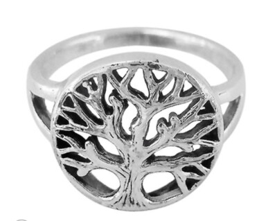 Sterling silver tree of life ring. Approx size: 14mm diameter