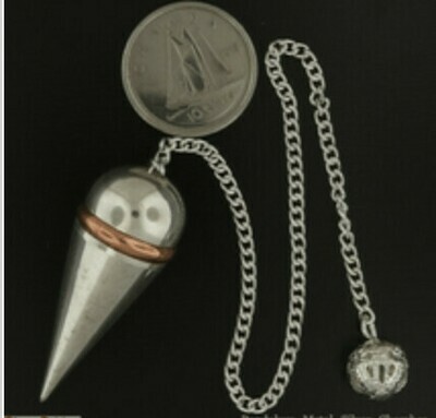 Silver colour, metal chamber point pendulum with copper ring and chain