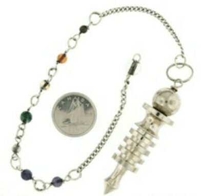 Metal pendulum, silver colour with 4 ring isis with chakra beads