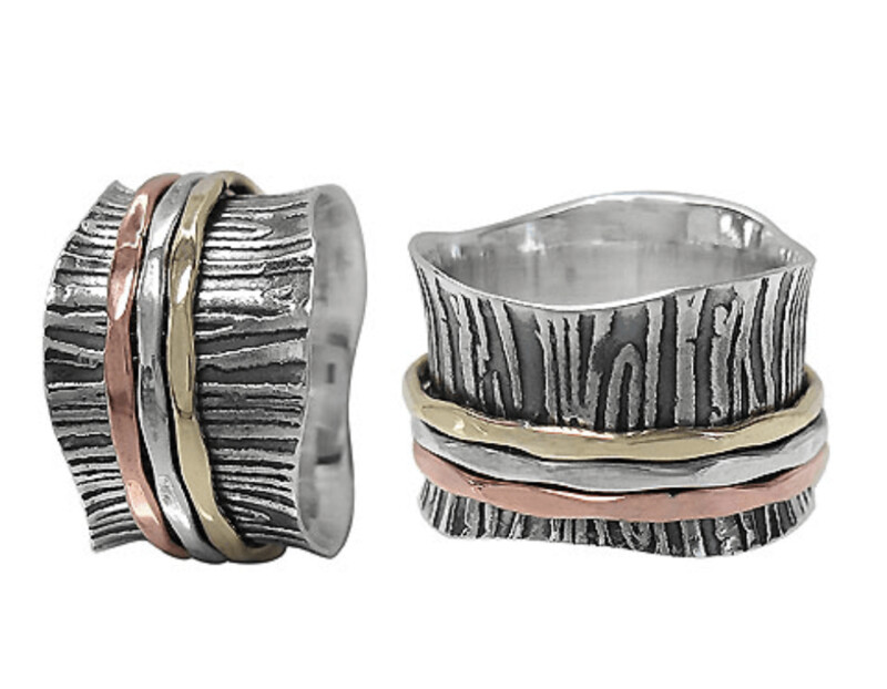 SIZE 6 -Sterling silver with copper and brass band, 3 tone meditation ring. Approx size: 14mm width