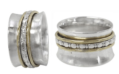 Sterling silver with brass band, 2 tone meditation ring with curved band. Approx size: 11mm Wide