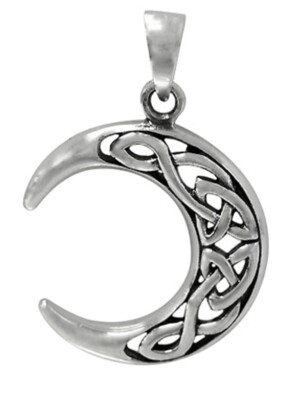 Sterling silver Crescent moon pendant with design. Approx size: 25mm L X 25mm W