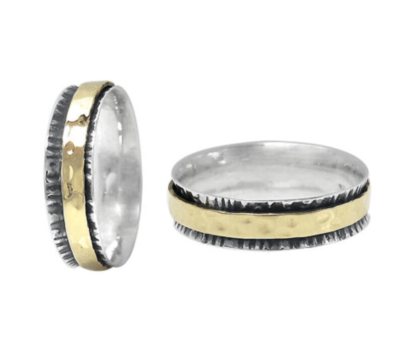 Sterling Silver meditation ring with brass band, two tone, hammered finish. Size 6