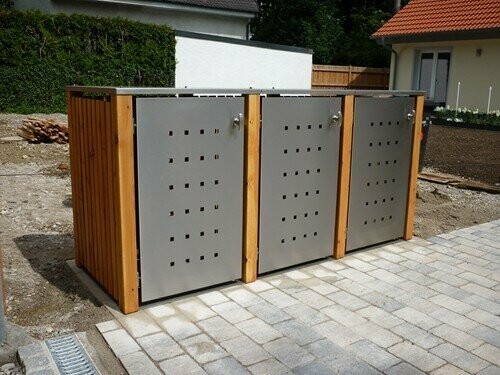 3er Mülltonnenbox Edelstahl und Lärchen / Douglasien Holz 120 Liter