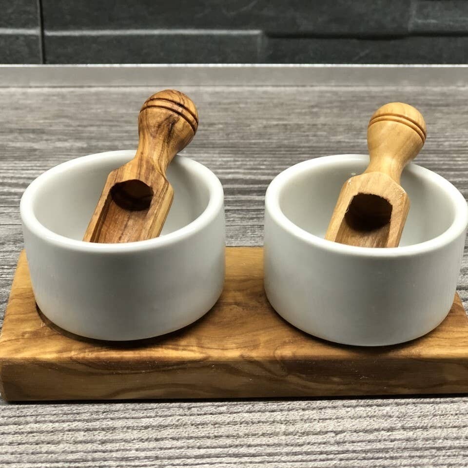 Porcelain And Olive Wood Salt Bowls