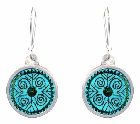 Round silver frame earrings with ceramic inlays