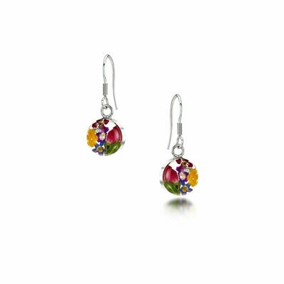 Silver Drop Earrings - Mixed Flowers - Sm Round
