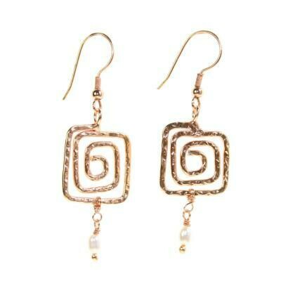 Earrings, rose gold coloured, maze pattern with bead
