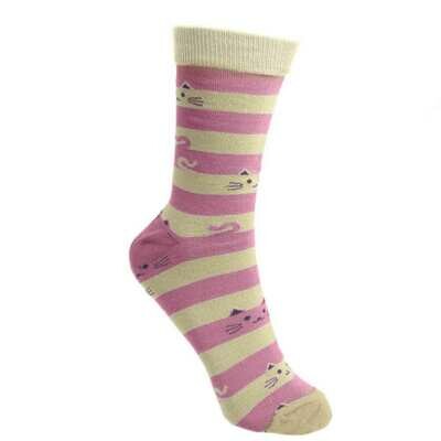 Bamboo socks, pink stripes and cats, medium (UK 3 - 7)