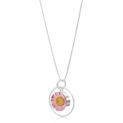Silver Pendant - Pink Daisy with Hoop