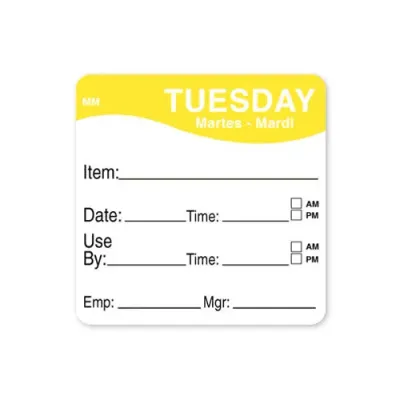 Tuesday - Use By, Date, Time, 51mm x 51mm labels