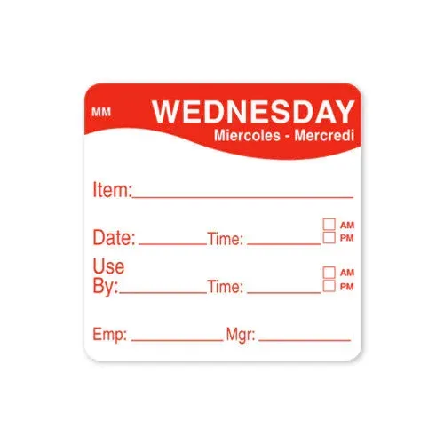 Wednesday - Use By, Date, Time, 51mm x 51mm labels