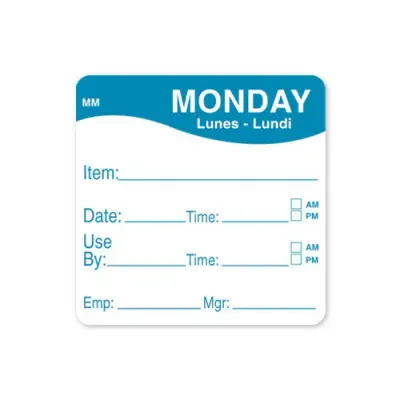 Monday - Use By, Date, Time, 51mm x 51mm Labels