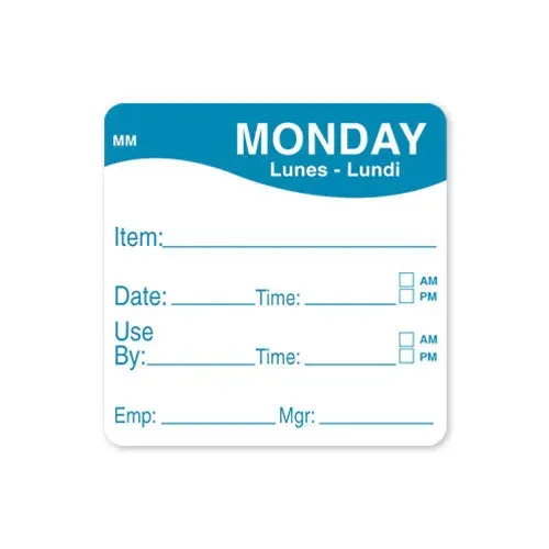 Monday - Use By, Date, Time, 51mm x 51mm Labels