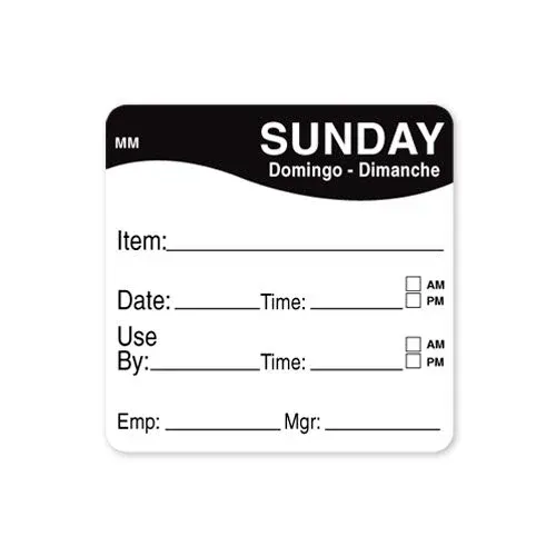 Sunday - Use By, Date, Time, 51mm x 51mm labels