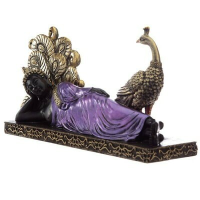 Statue bouddha noir et violet avec paon