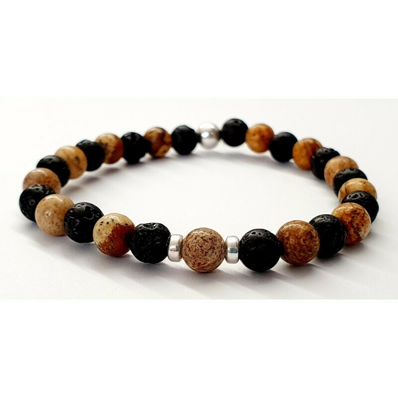 Bracelet jaspe paysage &amp; pierre de lave 6mm