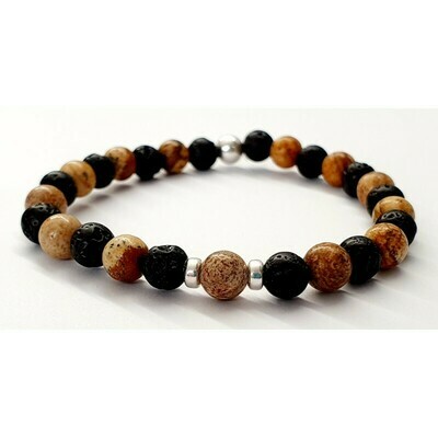 Bracelet jaspe paysage &amp; pierre de lave 6mm