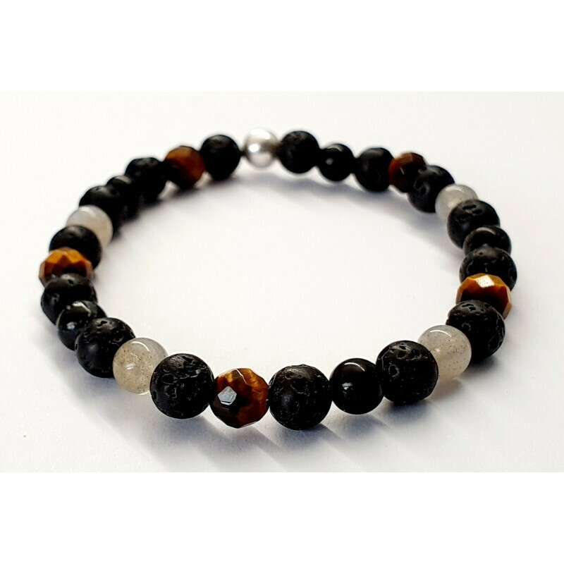 Bracelet labradorite, œil de tigre, tourmaline noire &amp; pierre de lave 6mm