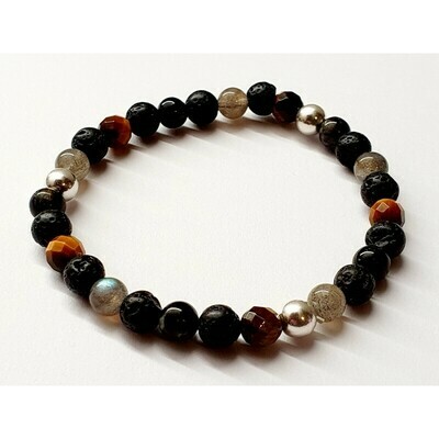 Bracelet labradorite, œil de tigre, tourmaline noire & pierre de lave 6mm