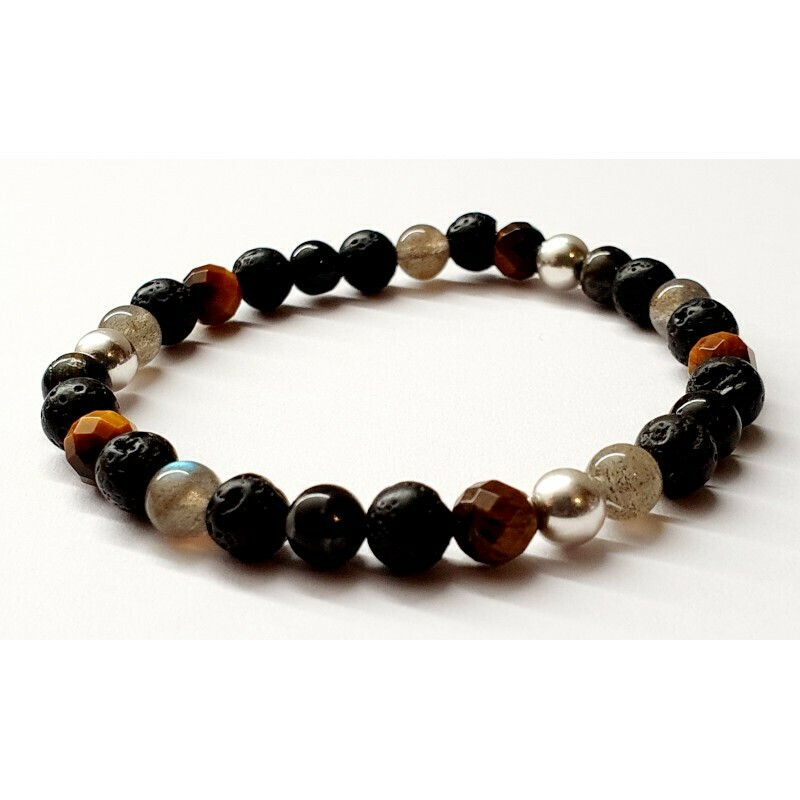 Bracelet labradorite, œil de tigre, tourmaline noire &amp; pierre de lave 6mm