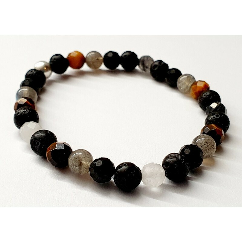 Bracelet Labradorite, œil de tigre, quartz inclusion tourmaline &amp; pierre de lave 6mm