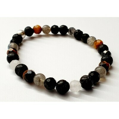 Bracelet Labradorite, œil de tigre, quartz inclusion tourmaline &amp; pierre de lave 6mm