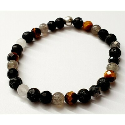 Bracelet Labradorite, œil de tigre, quartz inclusion tourmaline &amp; pierre de lave 6mm