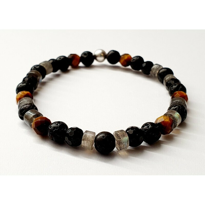 Bracelet labradorite, œil de tigre, tourmaline noire &amp; pierre de lave 6mm