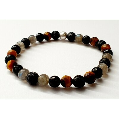 Bracelet labradorite, œil de tigre et tourmaline noire 6mm