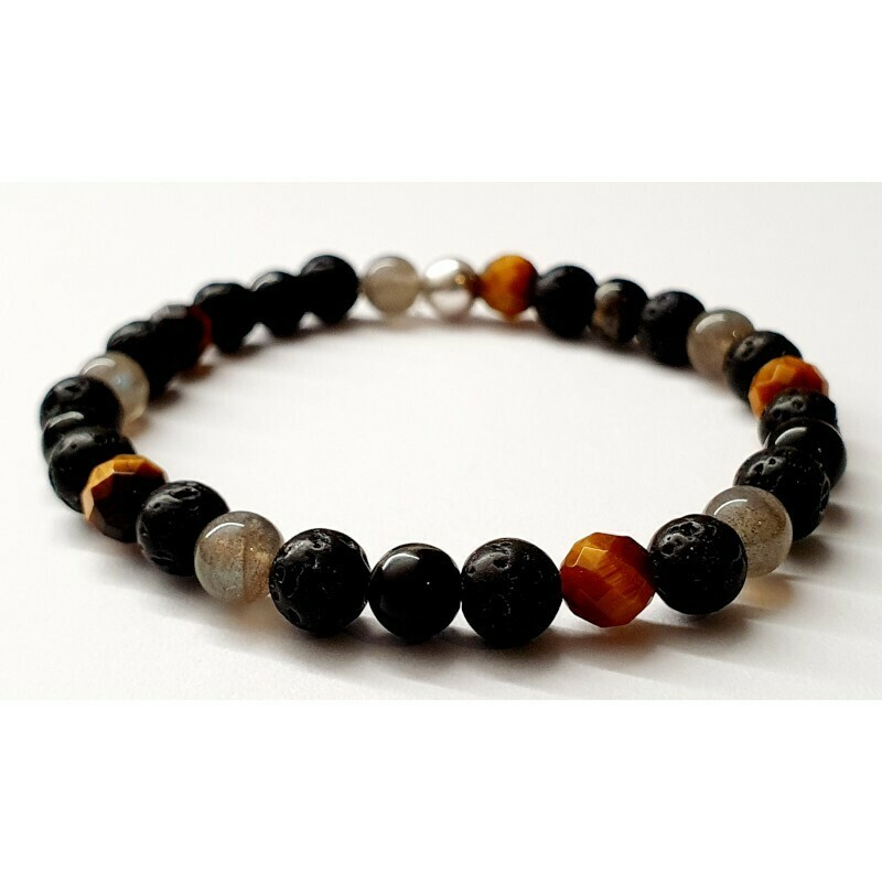 Bracelet labradorite, œil de tigre, tourmaline noire &amp; pierre de lave 6mm