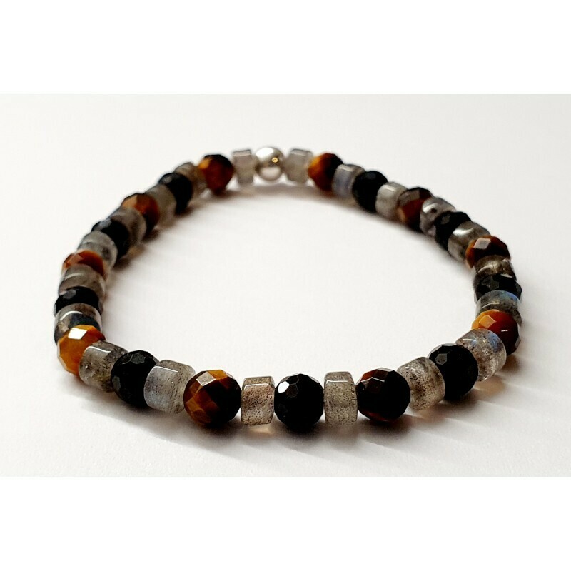 Bracelet labradorite, œil de tigre &amp; tourmaline noire 6mm