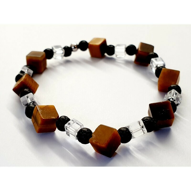 Bracelet œil de tigre, cristal de roche et pierre de lave