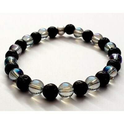 Bracelet aqua aura et pierre de lave 6mm