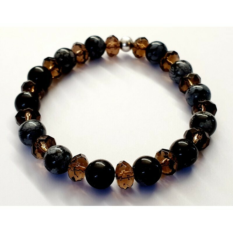 Bracelet obsidienne flocon de neige et Quartz fumé 8mm