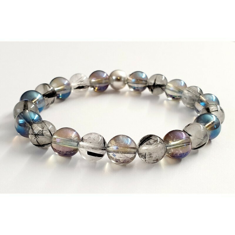 Bracelet aqua aura et cristal de roche inclusion tourmaline 8mm