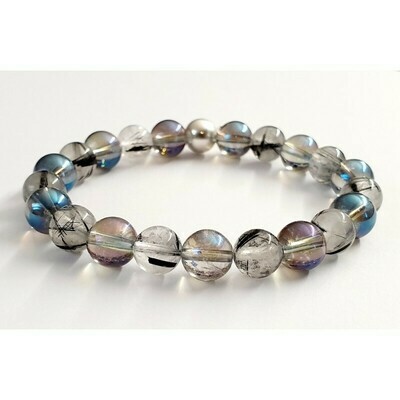 Bracelet aqua aura et cristal de roche inclusion tourmaline 8mm