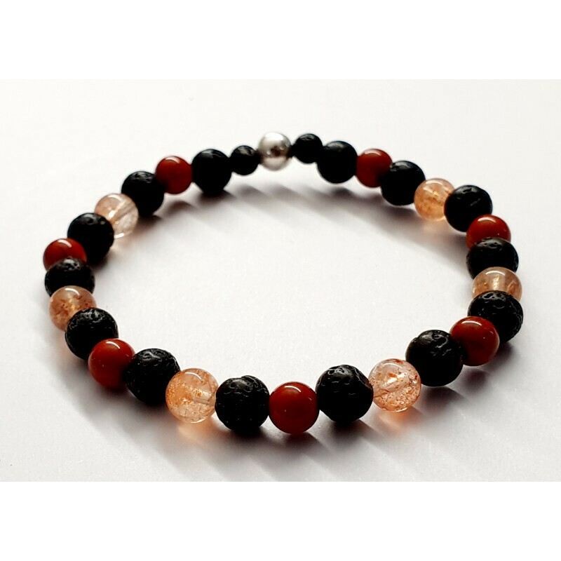 Bracelet pierre de soleil, jaspe rouge et pierre de lave 6mm