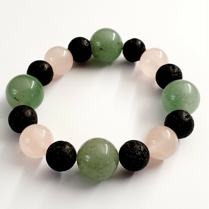 Bracelet aventurine, quartz rose et pierre de lave 14mm