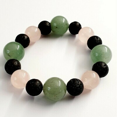 Bracelet aventurine, quartz rose et pierre de lave 14mm