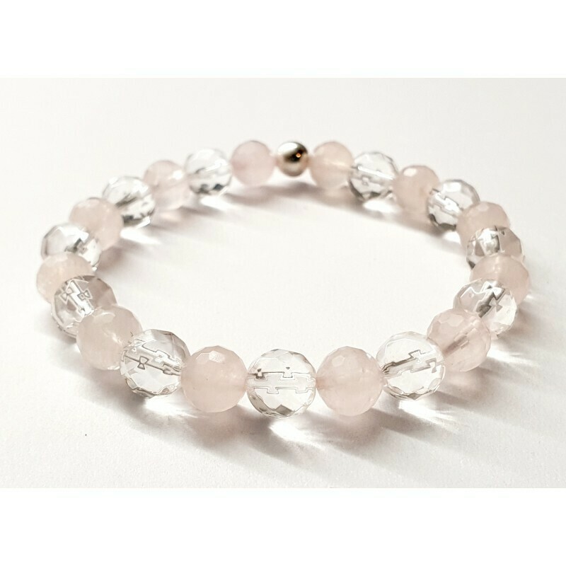 Bracelet Quartz rose et Cristal de roche, facetté 8mm