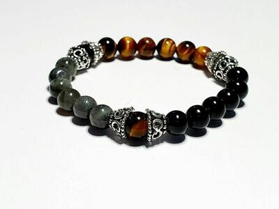 Bracelet labradorite, œil de tigre et tourmaline noire 8 mm