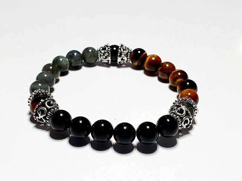 Bracelet labradorite, œil de tigre et tourmaline noire 8 mm