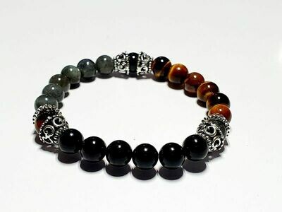 Bracelet labradorite, œil de tigre et tourmaline noire 8 mm